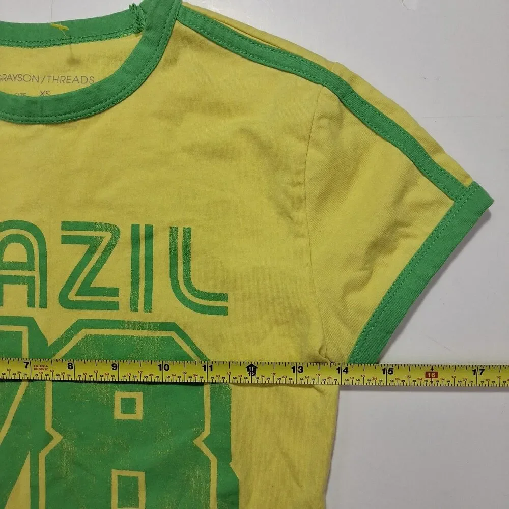 Grayson/Threads Girls XS Yellow/Green Brazil 78 Graphic Ringer Crew Tee Flaw